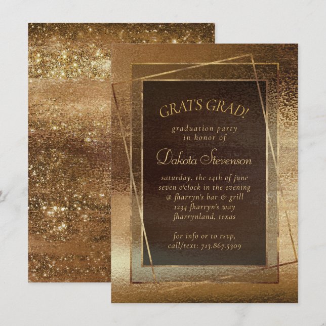 Glitzy Foil | Golden Bronze Copper Glam Graduation Invitation (Front/Back)