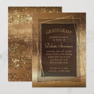 Glitzy Foil   Golden Bronze Copper Glam Graduation Invitation