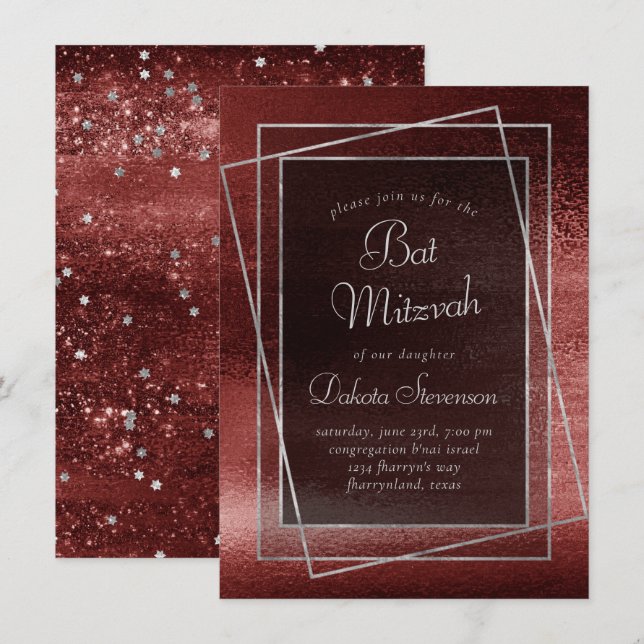 Glitzy Foil | Henna Crimson Red Bar or Bat Mitzvah Invitation (Front/Back)