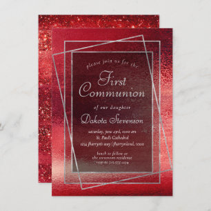 Glitzy Foil Henna Crimson Red First Communion Invitation