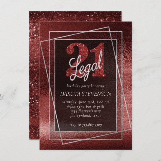 Glitzy Foil | Henna Crimson Red Glam 21 and Legal Invitation (Front/Back)