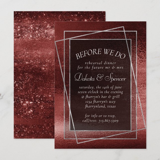 Glitzy Foil | Henna Crimson Red Rehearsal Dinner Invitation (Front/Back)