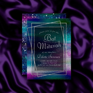 Glitzy Foil   Holographic Dark Ombre Bat Mitzvah Invitation