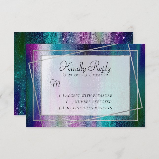 Glitzy Foil | Holographic Iridescent Dark Ombre RSVP Card (Front/Back)