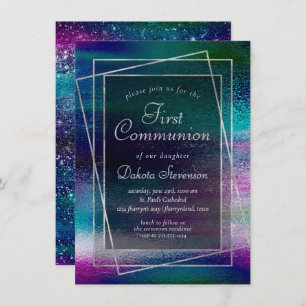 Glitzy Foil Holographic Ombre First Communion Invitation