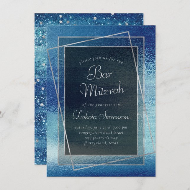 Glitzy Foil | Ice Blue Faux Iridescent Bat Mitzvah Invitation (Front/Back)