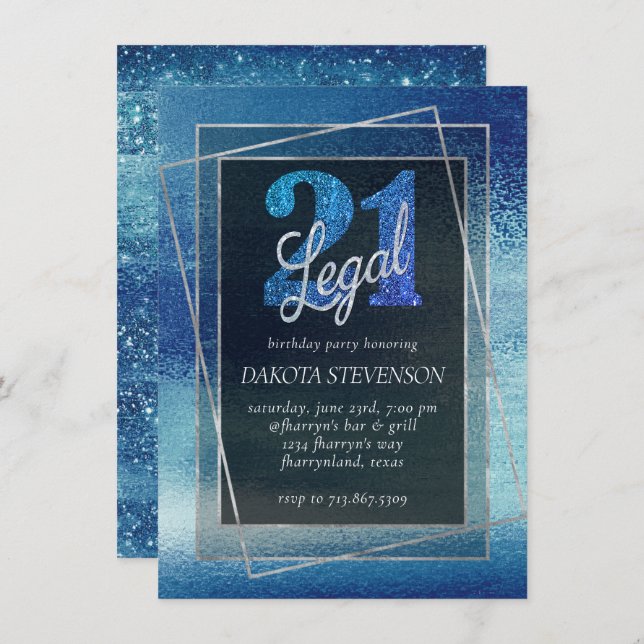 Glitzy Foil | Ice Blue Iridescent 21 and Legal Invitation (Front/Back)