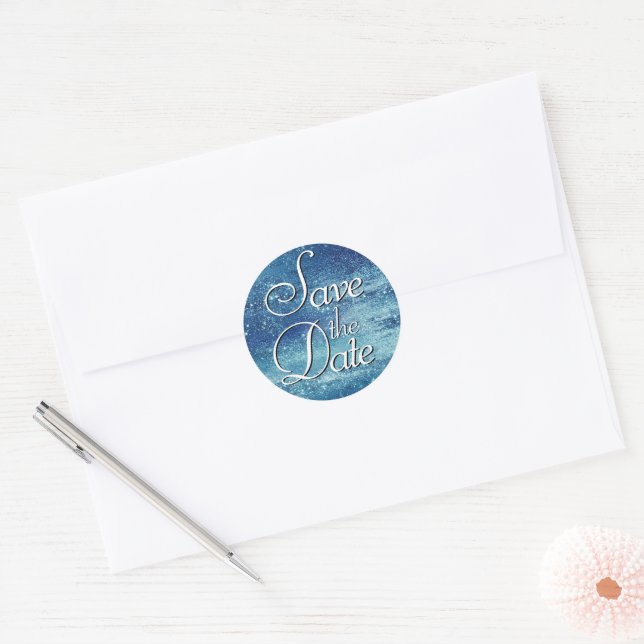 Glitzy Foil | Ice Blue Iridescent Save the Date Classic Round Sticker (Envelope)
