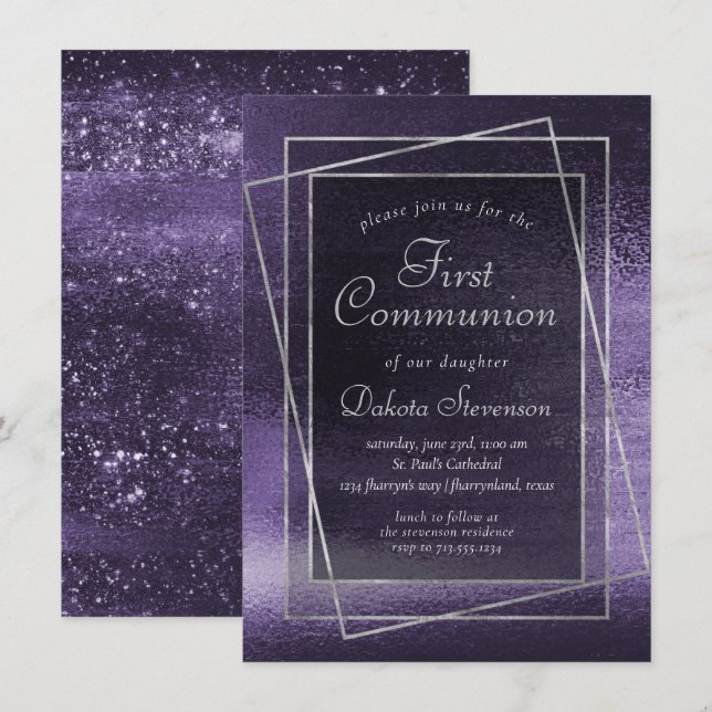 Glitzy Foil | Indigo Midnight Purple 1st Communion Invitation (Front/Back)