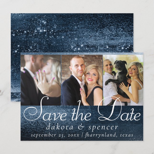 Glitzy Foil | Navy Blue Dark Faux Glitter 3 Photo Save The Date (Front/Back)