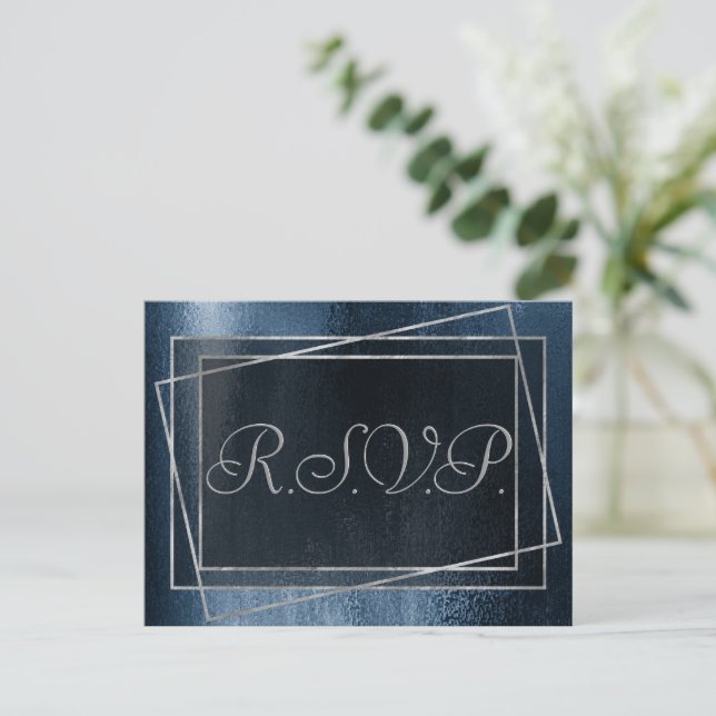 Glitzy Foil | Navy Blue Dark Faux Glitter Response Invitation Postcard (Standing Front)