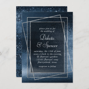 Glitzy Foil Navy Blue Faux Glam Metallic Wedding Invitation