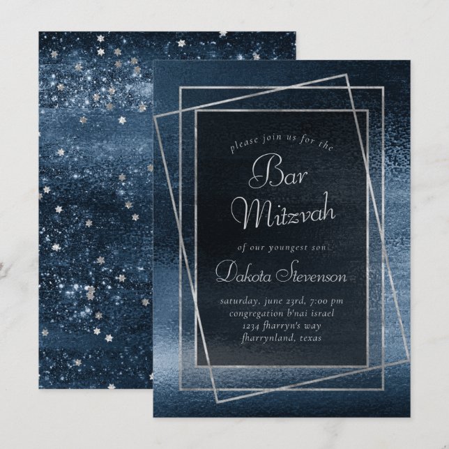 Glitzy Foil | Navy Blue Faux Glitter Bat Mitzvah Invitation (Front/Back)