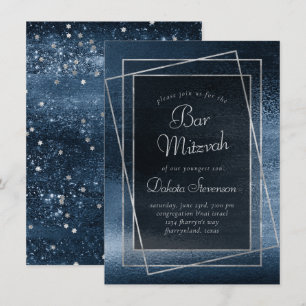 Glitzy Foil   Navy Blue Faux Glitter Bat Mitzvah Invitation