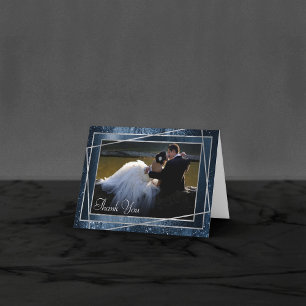 Glitzy Foil Navy Blue Faux Glitter Sparkle Photo Thank You Card