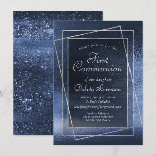 Glitzy Foil   Navy Blue Glitter First Communion Invitation
