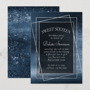Glitzy Foil   Navy Blue Glitter Sparkle Sweet 16 Invitation