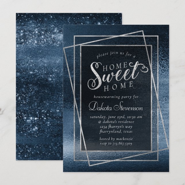 Glitzy Foil | Navy Blue Sparkle Home Sweet Home Invitation (Front/Back)