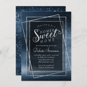 Glitzy Foil   Navy Blue Sparkle Home Sweet Home Invitation