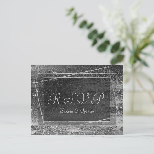Glitzy Foil | Platinum Silver Faux Chrome RSVP Invitation Postcard (Standing Front)
