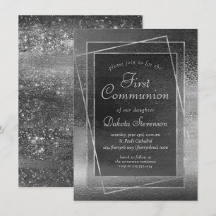 Glitzy Foil Platinum Silver Shine 1st Communion Invitation