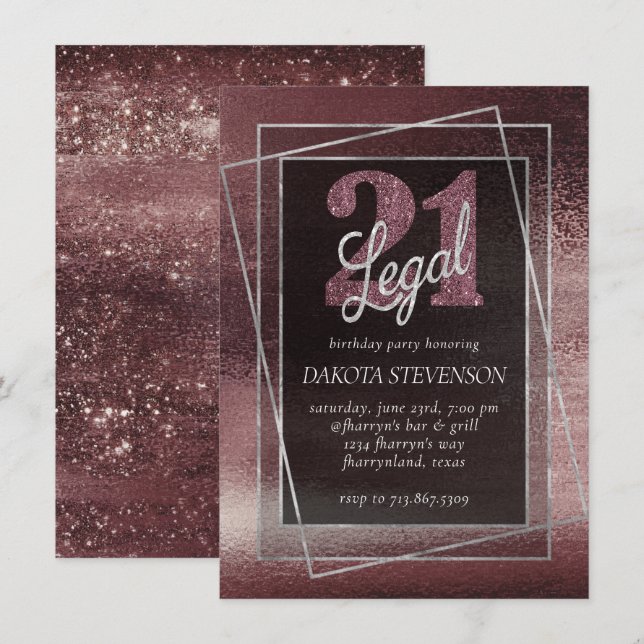 Glitzy Foil | Rose Gold Blush Glam 21 and Legal Invitation (Front/Back)
