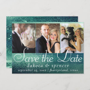 Glitzy Foil Seafoam Green Aqua Sparkle 3 Photo Save The Date