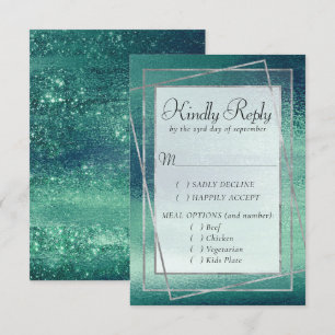 Glitzy Foil   Seafoam Green Aqua Sparkle Entree RSVP Card