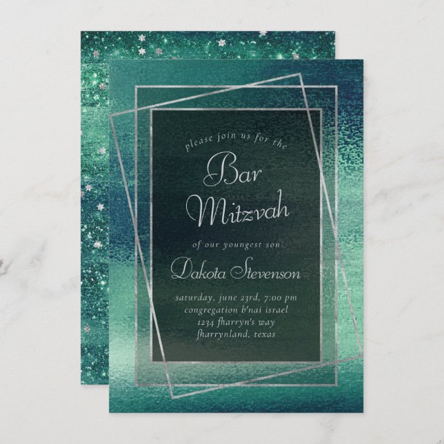 Glitzy Foil | Seafoam Iridescent Green Bar Mitzvah Invitation (Front/Back)