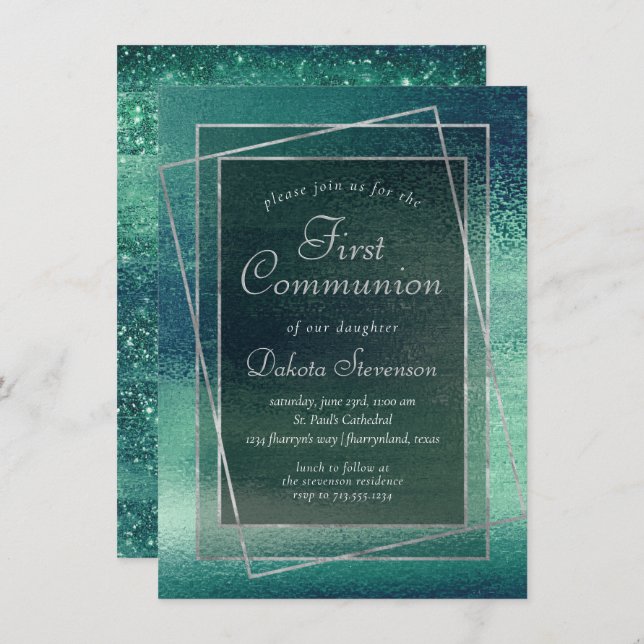 Glitzy Foil | Seafoam Iridescent Green Communion Invitation (Front/Back)