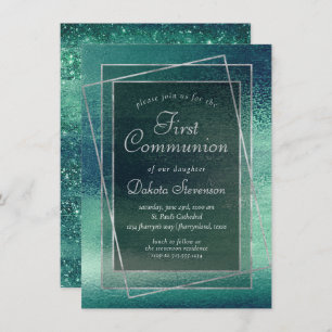 Glitzy Foil   Seafoam Iridescent Green Communion Invitation