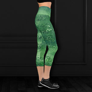 Glitzy Foil Shamrock Green Faux Metallic Sparkle Capri Leggings