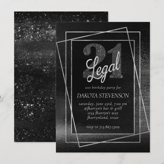 Glitzy Foil | Silver Platinum Shimmer 21 and Legal Invitation (Front/Back)