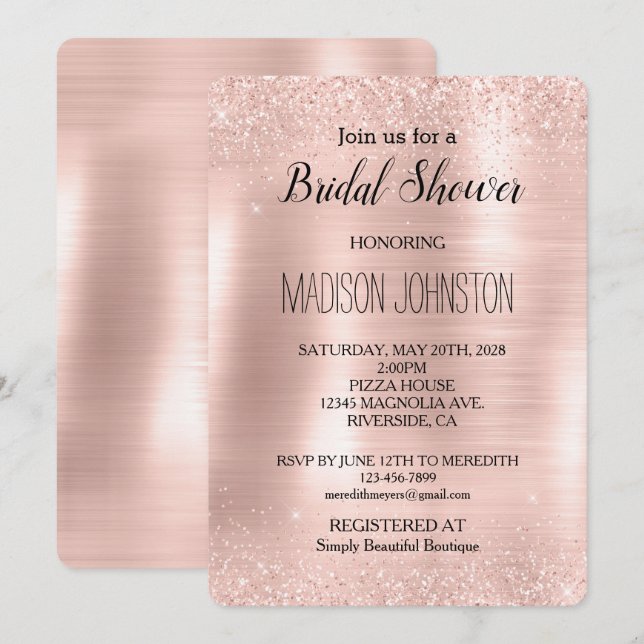 Glitzy Glam Blush Pink Glitter Bridal Shower Invitation (Front/Back)