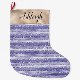 Glitzy Glam Girly Purple Gold Glitter Stripes Large Christmas Stocking
