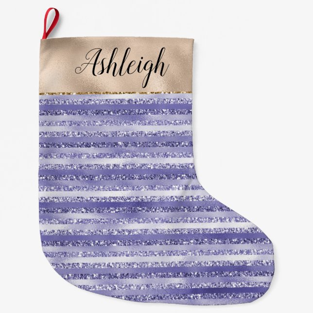 Glitzy Glam Girly Purple Gold Glitter Stripes Large Christmas Stocking (Front)