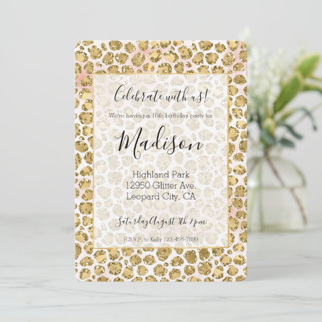 Glitzy Glam Gold Blush Glitter Leopard Print Invitation (Standing Front)