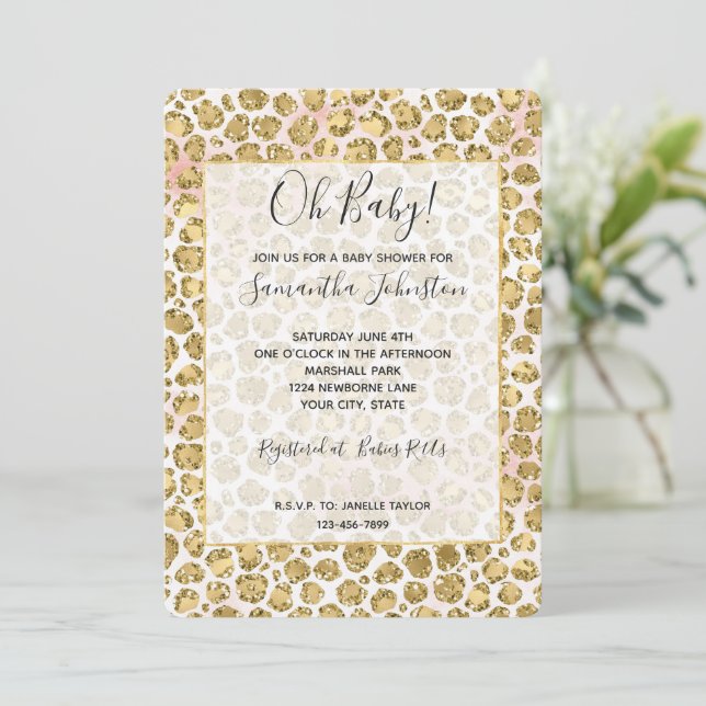 Glitzy Glam Gold Blush Glitter Leopard Print  Invitation (Standing Front)