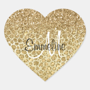 Glitzy Glam Gold Glitter Leopard Print Monogram Heart Sticker