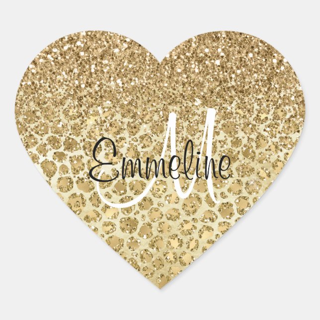 Glitzy Glam Gold Glitter Leopard Print Monogram Heart Sticker (Front)