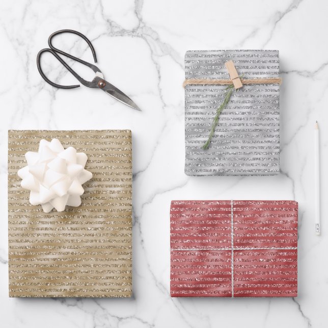 Glitzy Glam Gold Glitter Stripes Wrapping Paper Sheet (Front)