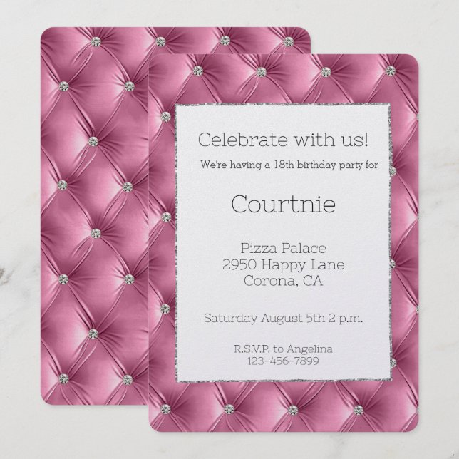 Glitzy Glam Pink Silver Faux Velvet Birthday  Invitation (Front/Back)