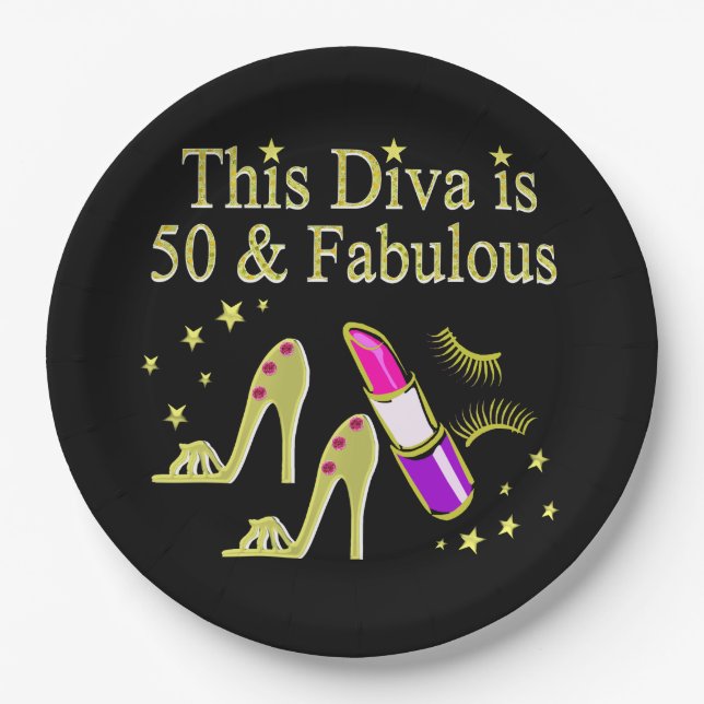 GLITZY GOLD 50TH BIRTHDAY DIVA DESIGN PAPER PLATE (Front)