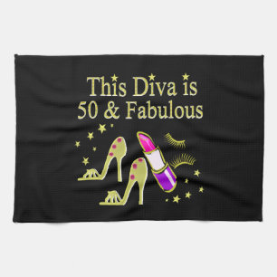 GLITZY GOLD 50TH BIRTHDAY DIVA DESIGN TEA TOWEL