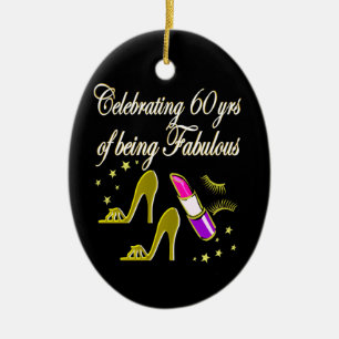 GLITZY GOLD 60 AND FABULOUS BIRTHDAY DESIGN CERAMIC TREE DECORATION