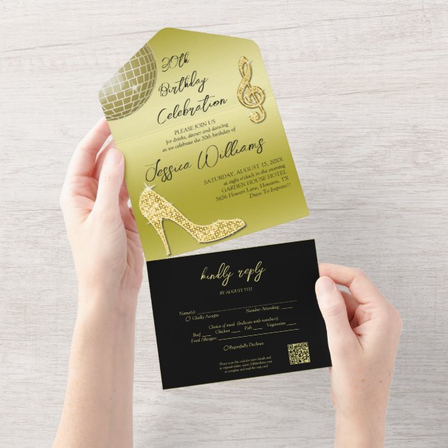 Glitzy Gold & Black 30th Birthday QR Code All In One Invitation (Tearaway)