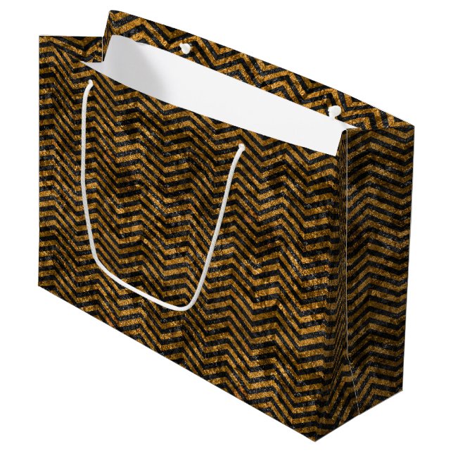 Glitzy Gold & Black Faux Foil Chevrons Large Gift Bag (Front Angled)