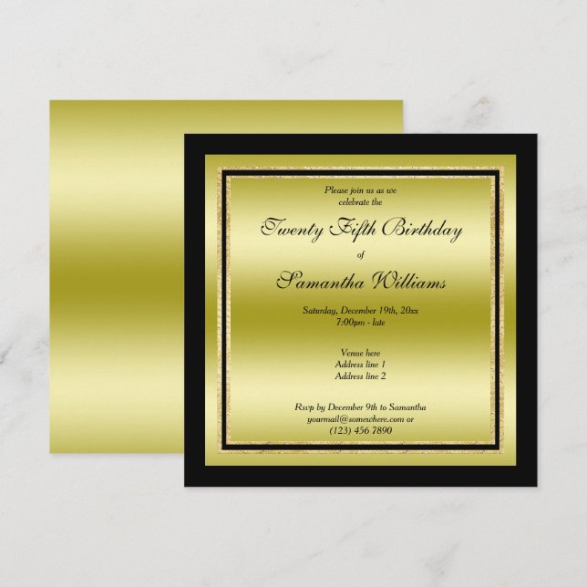 Glitzy Gold & Black Framed Birthday Invitation (Front/Back)
