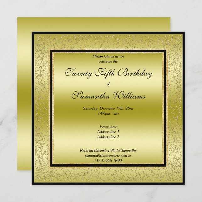 Glitzy Gold & Black, Gold Glitter Frame Birthday Invitation (Front/Back)