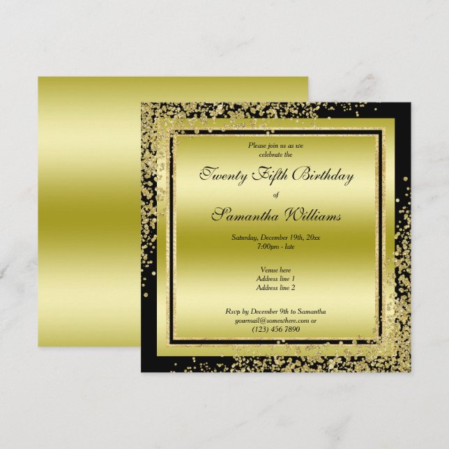 Glitzy Gold Confetti Decorations 25th Birthday Invitation (Front/Back)